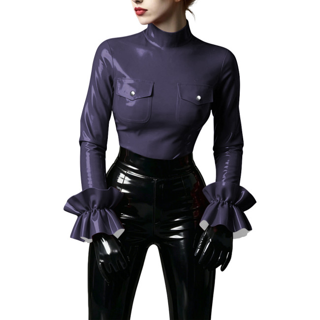 Shiny Turtleneck Ruffles Sleeve Slim PVC Leather Blouses for Women Elegant Pocket All-match Glossy Shirt Lady's Club Casual Tops