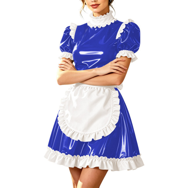 Sissy High Neck Servants Cosplay Mini Dress PVC Vinyl Leather Short Sleeve Lolita Maid Uniform Theme Party Dress-up Gown Outfits