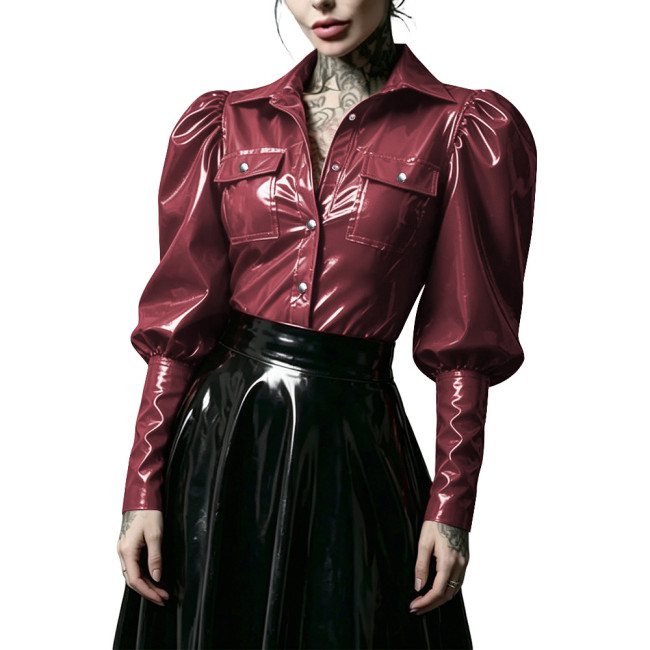 Gothic Punk Glossy PVC Leather Women Shirt Lapel Collar Puff Long Sleeve Button Front Blouse Wet Look Tops for Nightclub Costume