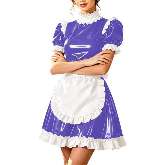 Sissy High Neck Servants Cosplay Mini Dress PVC Vinyl Leather Short Sleeve Lolita Maid Uniform Theme Party Dress-up Gown Outfits