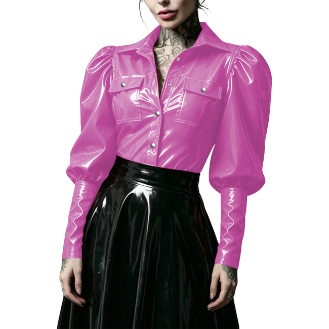 Gothic Punk Glossy PVC Leather Women Shirt Lapel Collar Puff Long Sleeve Button Front Blouse Wet Look Tops for Nightclub Costume