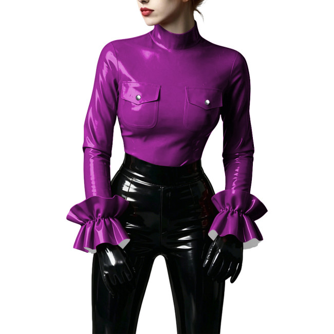 Shiny Turtleneck Ruffles Sleeve Slim PVC Leather Blouses for Women Elegant Pocket All-match Glossy Shirt Lady's Club Casual Tops