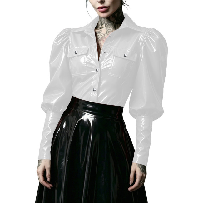 Gothic Punk Glossy PVC Leather Women Shirt Lapel Collar Puff Long Sleeve Button Front Blouse Wet Look Tops for Nightclub Costume