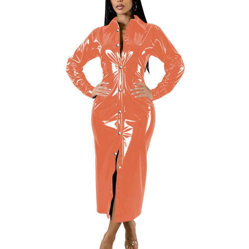 Womens Turn-down Collar Wet PVC Leather Long Dress Office Ladies Slim Chic Long Sleeve Maxi Shirt Dresses Female Glossy Clubwear