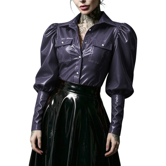Gothic Punk Glossy PVC Leather Women Shirt Lapel Collar Puff Long Sleeve Button Front Blouse Wet Look Tops for Nightclub Costume