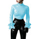 Shiny Turtleneck Ruffles Sleeve Slim PVC Leather Blouses for Women Elegant Pocket All-match Glossy Shirt Lady's Club Casual Tops
