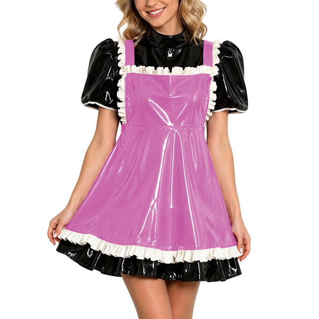 Puff Sleeve Shiny PVC Maid Outfit Halloween Party Cosplay Costume Vinyl French Apron Maid Uniforms Sissy Wetlook Two-piece Set