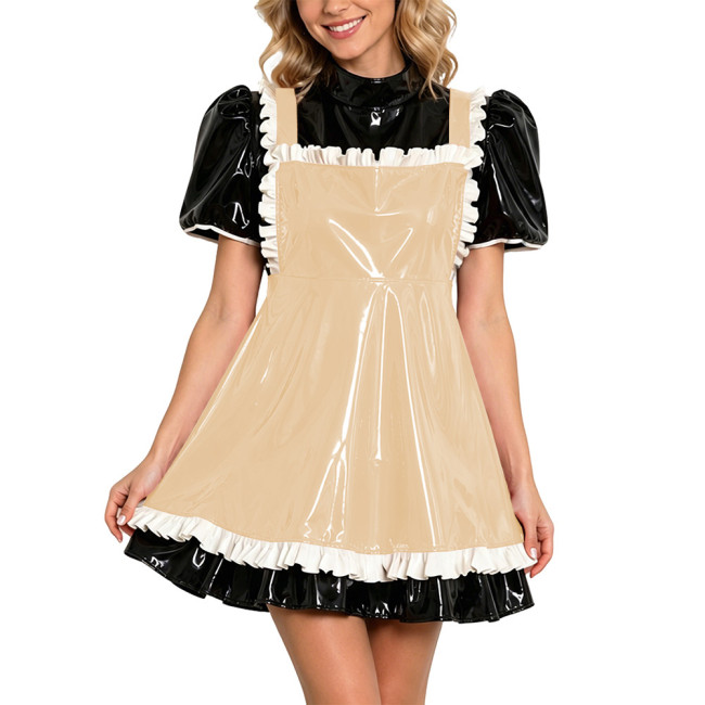 Puff Sleeve Shiny PVC Maid Outfit Halloween Party Cosplay Costume Vinyl French Apron Maid Uniforms Sissy Wetlook Two-piece Set