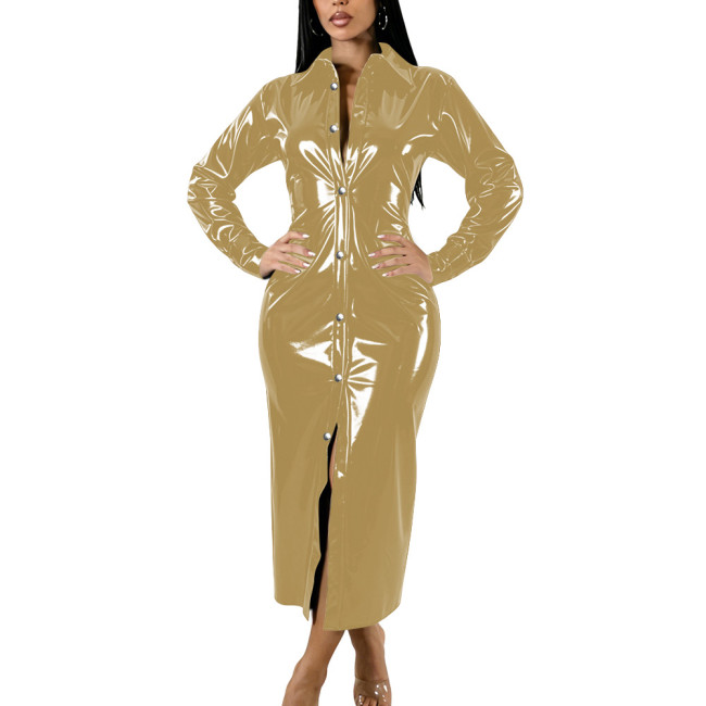Womens Turn-down Collar Wet PVC Leather Long Dress Office Ladies Slim Chic Long Sleeve Maxi Shirt Dresses Female Glossy Clubwear