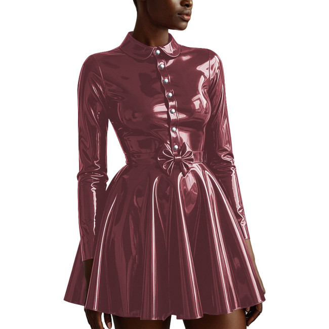 Latex Look Women Doll Collar A‑Line Mini Dress Glossy PVC Leather Long Sleeve Bow Belt Dresses Raves Party Cosplay Fancy Outfits