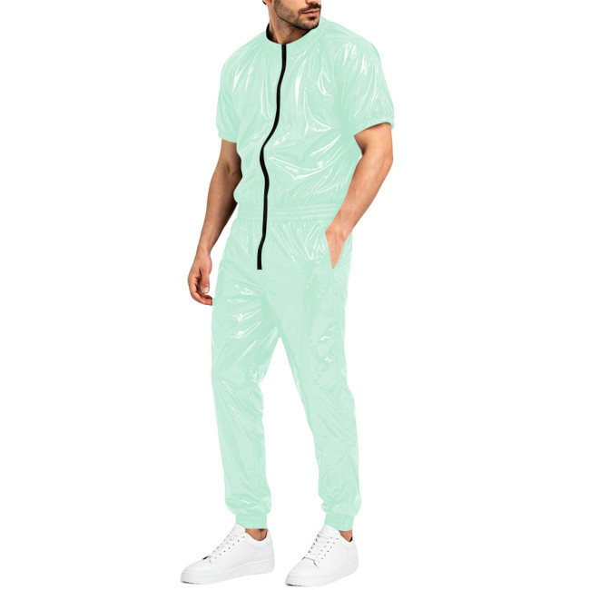 Mens Glossy Faux Leather Romper Club Party Cosplay Shiny Overalls Jumpsuit Zipper Open Crotch Elastic Waist Pockets Pant Catsuit