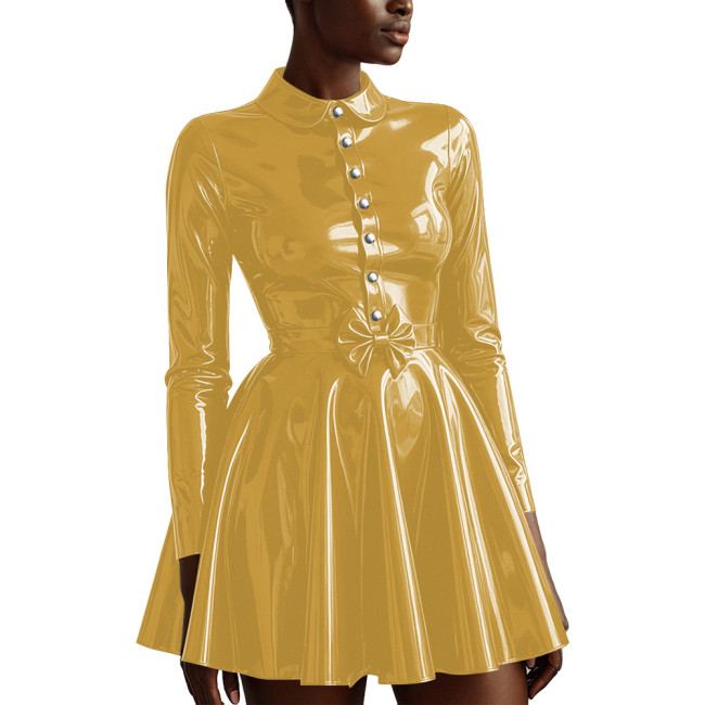 Latex Look Women Doll Collar A‑Line Mini Dress Glossy PVC Leather Long Sleeve Bow Belt Dresses Raves Party Cosplay Fancy Outfits