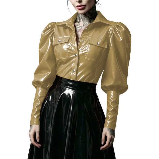 Gothic Punk Glossy PVC Leather Women Shirt Lapel Collar Puff Long Sleeve Button Front Blouse Wet Look Tops for Nightclub Costume