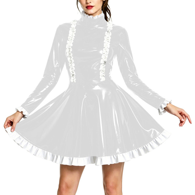 Vintage Long Sleeve Swing Mini Evening Dress PVC Shiny High Neck Ruffles Hem Prom Dress Womens Partywear Mini Short Gown Dresses