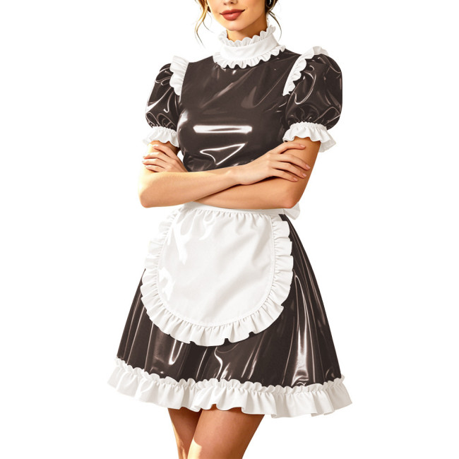 Sissy High Neck Servants Cosplay Mini Dress PVC Vinyl Leather Short Sleeve Lolita Maid Uniform Theme Party Dress-up Gown Outfits