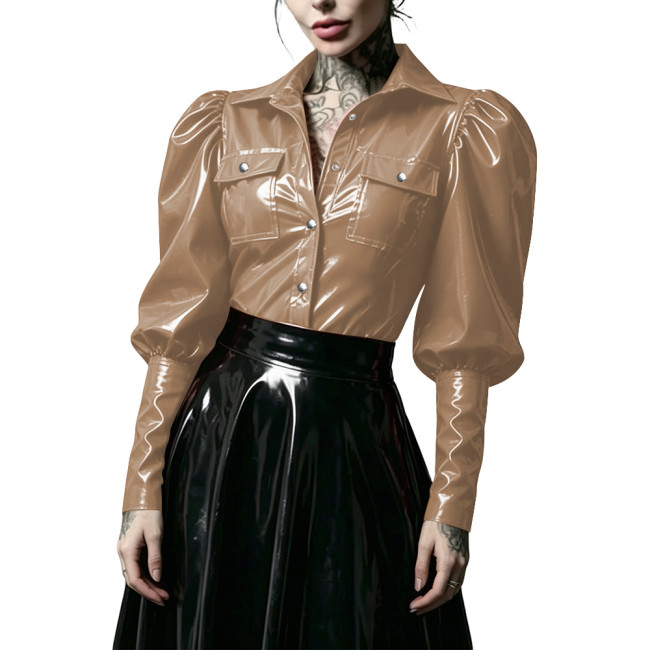 Gothic Punk Glossy PVC Leather Women Shirt Lapel Collar Puff Long Sleeve Button Front Blouse Wet Look Tops for Nightclub Costume