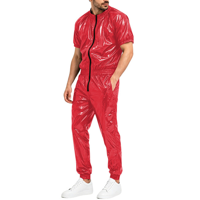 Mens Glossy Faux Leather Romper Club Party Cosplay Shiny Overalls Jumpsuit Zipper Open Crotch Elastic Waist Pockets Pant Catsuit