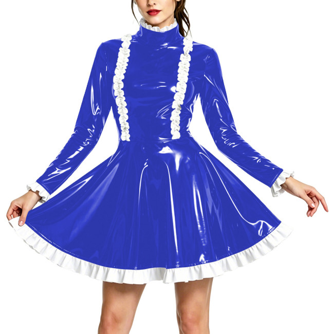 Vintage Long Sleeve Swing Mini Evening Dress PVC Shiny High Neck Ruffles Hem Prom Dress Womens Partywear Mini Short Gown Dresses