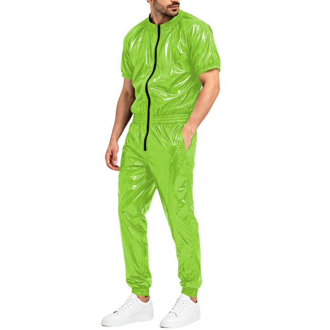 Mens Glossy Faux Leather Romper Club Party Cosplay Shiny Overalls Jumpsuit Zipper Open Crotch Elastic Waist Pockets Pant Catsuit
