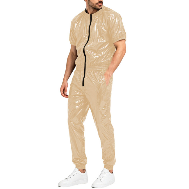 Mens Glossy Faux Leather Romper Club Party Cosplay Shiny Overalls Jumpsuit Zipper Open Crotch Elastic Waist Pockets Pant Catsuit