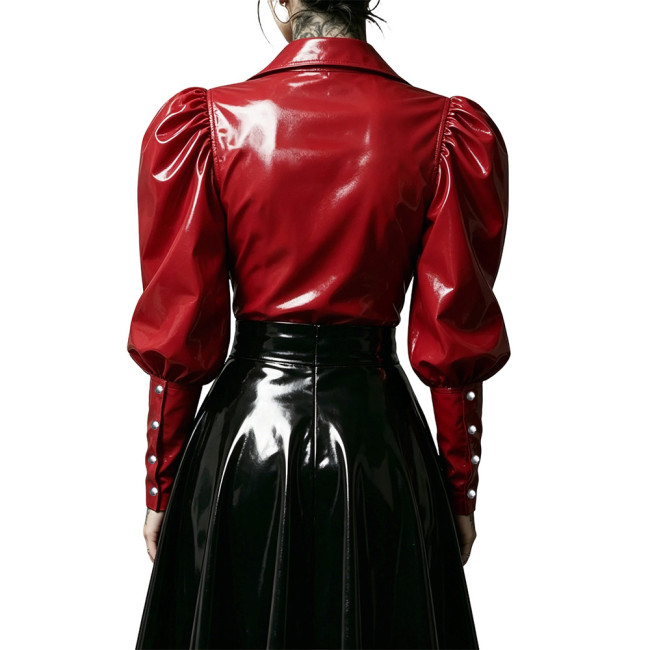 Gothic Punk Glossy PVC Leather Women Shirt Lapel Collar Puff Long Sleeve Button Front Blouse Wet Look Tops for Nightclub Costume