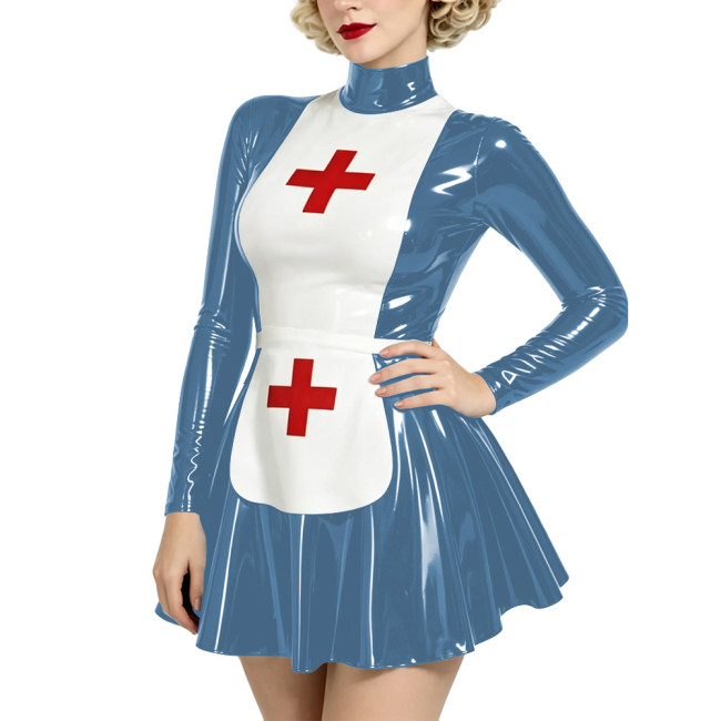 Women Shiny Wetlook PVC Nurse Uniforms Long Sleeve High Neck A-line Mini Dress with Apron Halloween Party Medical Cosplay Outfit