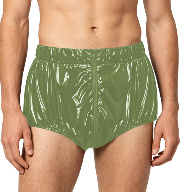 Mens Vinyl PVC Leather Brfiefs Wetlook Diaper Cover Underwear Male Front Zipper Elastic Waistband Panties for Party Club Cosplay