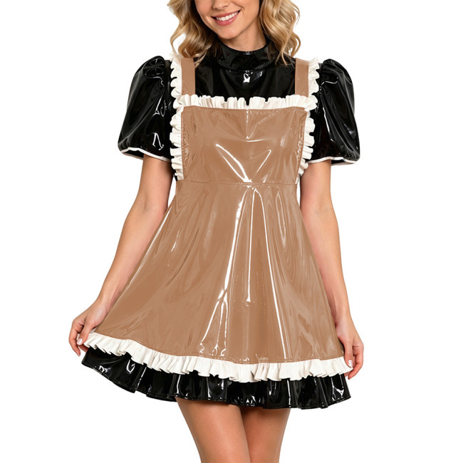 Puff Sleeve Shiny PVC Maid Outfit Halloween Party Cosplay Costume Vinyl French Apron Maid Uniforms Sissy Wetlook Two-piece Set