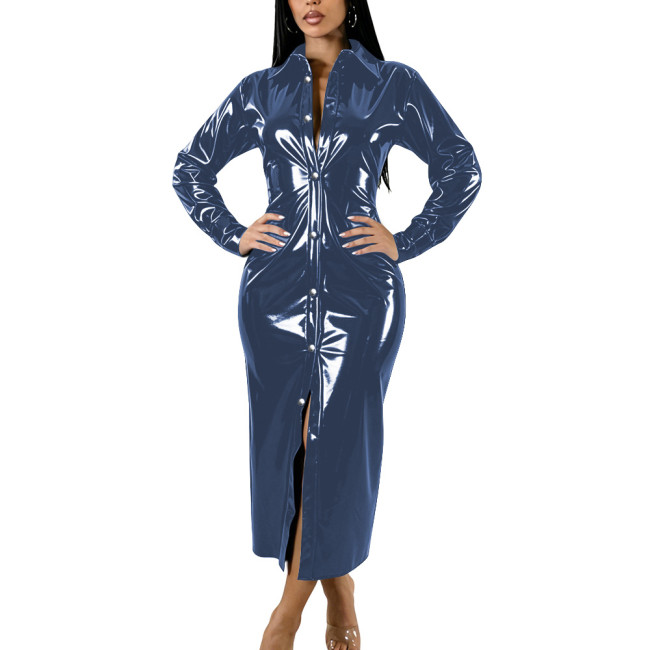 Womens Turn-down Collar Wet PVC Leather Long Dress Office Ladies Slim Chic Long Sleeve Maxi Shirt Dresses Female Glossy Clubwear