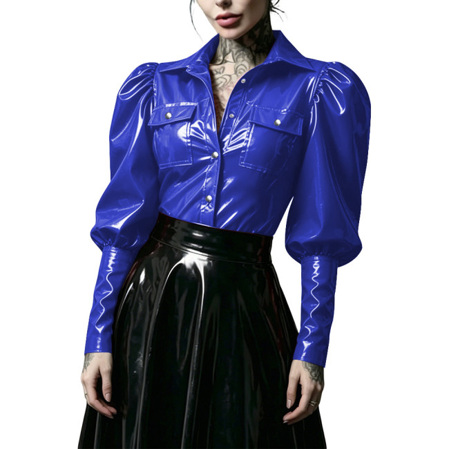 Gothic Punk Glossy PVC Leather Women Shirt Lapel Collar Puff Long Sleeve Button Front Blouse Wet Look Tops for Nightclub Costume
