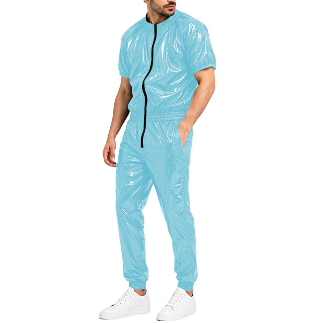 Mens Glossy Faux Leather Romper Club Party Cosplay Shiny Overalls Jumpsuit Zipper Open Crotch Elastic Waist Pockets Pant Catsuit