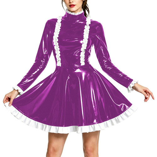 Vintage Long Sleeve Swing Mini Evening Dress PVC Shiny High Neck Ruffles Hem Prom Dress Womens Partywear Mini Short Gown Dresses