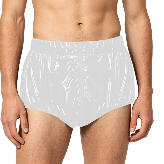 Mens Vinyl PVC Leather Brfiefs Wetlook Diaper Cover Underwear Male Front Zipper Elastic Waistband Panties for Party Club Cosplay