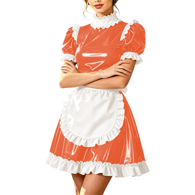 Sissy High Neck Servants Cosplay Mini Dress PVC Vinyl Leather Short Sleeve Lolita Maid Uniform Theme Party Dress-up Gown Outfits