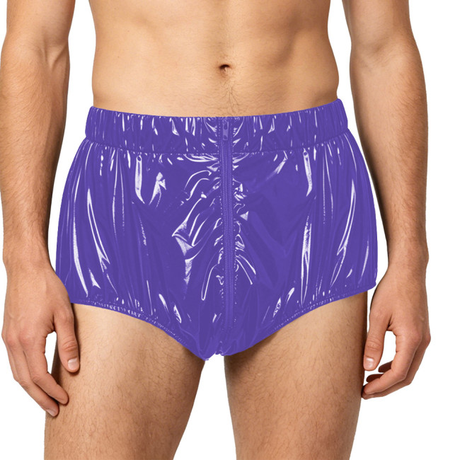 Mens Vinyl PVC Leather Brfiefs Wetlook Diaper Cover Underwear Male Front Zipper Elastic Waistband Panties for Party Club Cosplay
