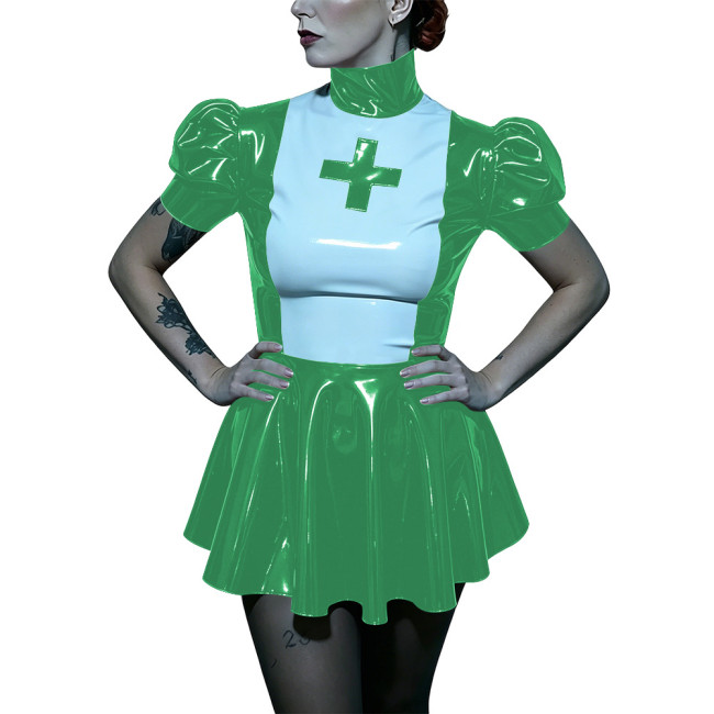 Womens High Neck Naughty Nurse Cosplay Dress Adult Party Role-play Nurse Costume Puff Short Sleeve Patchwork A-line Mini Dresses
