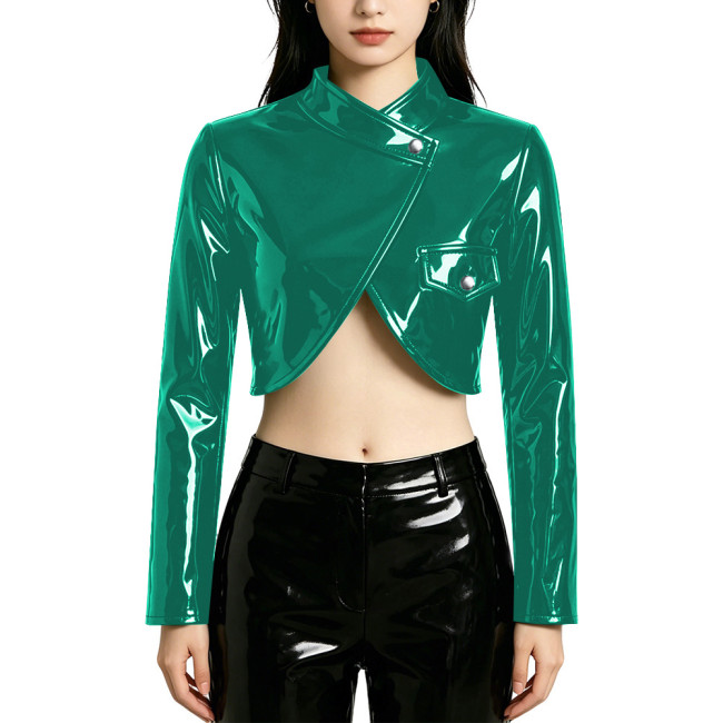 PVC Wet Look Cropped Jacket Punk Style Long Sleeve Cross Neck Short Blazer Tops Statement Outerwear Asymmetrical Button-Up Coats