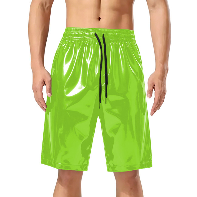 Men's Drawstring Elastic Waist Shiny PVC Leather Shorts Male Wetlook Solid Color Short Pants Club Street Knee-length Trousers