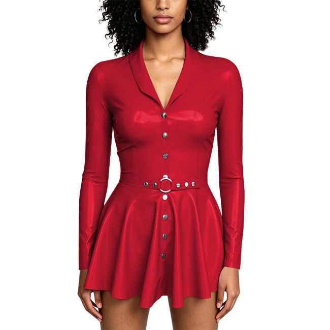 Plus Size PVC Shiny Pleated Mini Dress for Party Club Street Glossy Single-breasted Swing Dress with O‑Ring Belt Evening Outfits