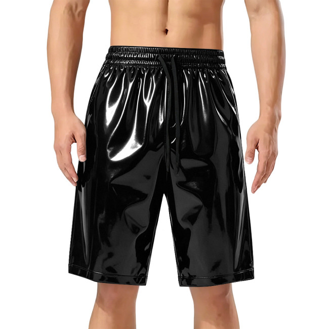 Men's Drawstring Elastic Waist Shiny PVC Leather Shorts Male Wetlook Solid Color Short Pants Club Street Knee-length Trousers