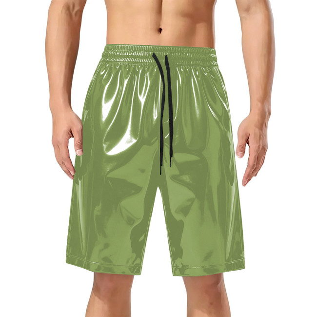 Men's Drawstring Elastic Waist Shiny PVC Leather Shorts Male Wetlook Solid Color Short Pants Club Street Knee-length Trousers