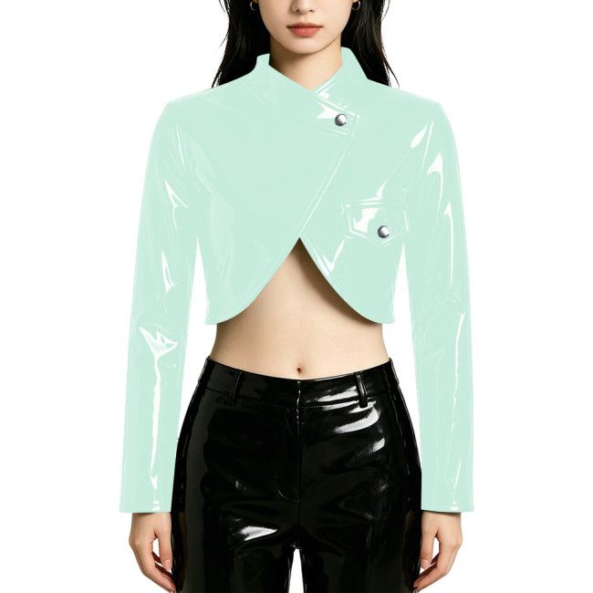 PVC Wet Look Cropped Jacket Punk Style Long Sleeve Cross Neck Short Blazer Tops Statement Outerwear Asymmetrical Button-Up Coats