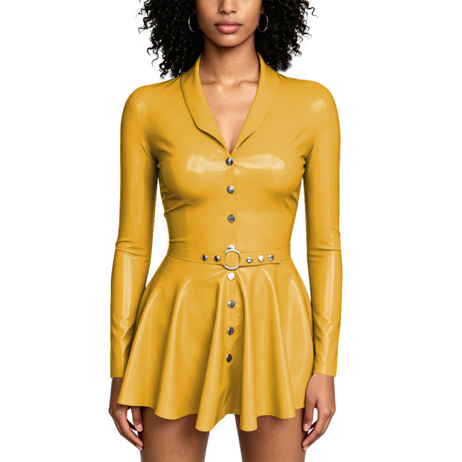 Plus Size PVC Shiny Pleated Mini Dress for Party Club Street Glossy Single-breasted Swing Dress with O‑Ring Belt Evening Outfits
