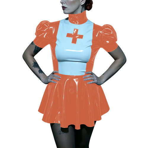 Womens High Neck Naughty Nurse Cosplay Dress Adult Party Role-play Nurse Costume Puff Short Sleeve Patchwork A-line Mini Dresses