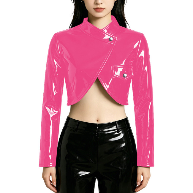 PVC Wet Look Cropped Jacket Punk Style Long Sleeve Cross Neck Short Blazer Tops Statement Outerwear Asymmetrical Button-Up Coats