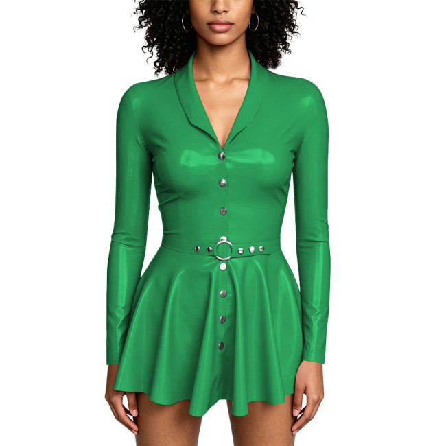 Plus Size PVC Shiny Pleated Mini Dress for Party Club Street Glossy Single-breasted Swing Dress with O‑Ring Belt Evening Outfits