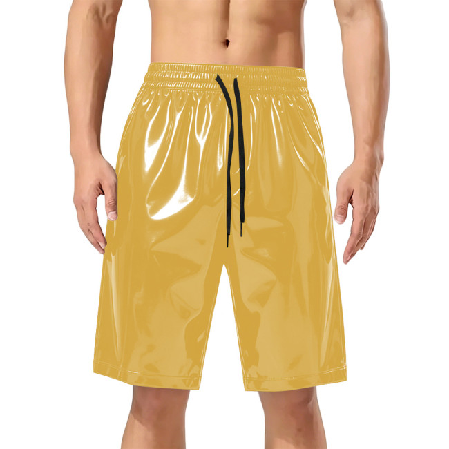 Men's Drawstring Elastic Waist Shiny PVC Leather Shorts Male Wetlook Solid Color Short Pants Club Street Knee-length Trousers