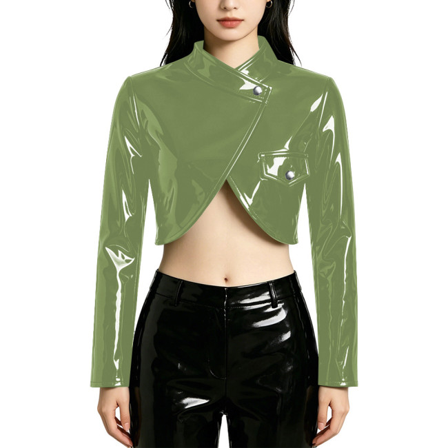 PVC Wet Look Cropped Jacket Punk Style Long Sleeve Cross Neck Short Blazer Tops Statement Outerwear Asymmetrical Button-Up Coats