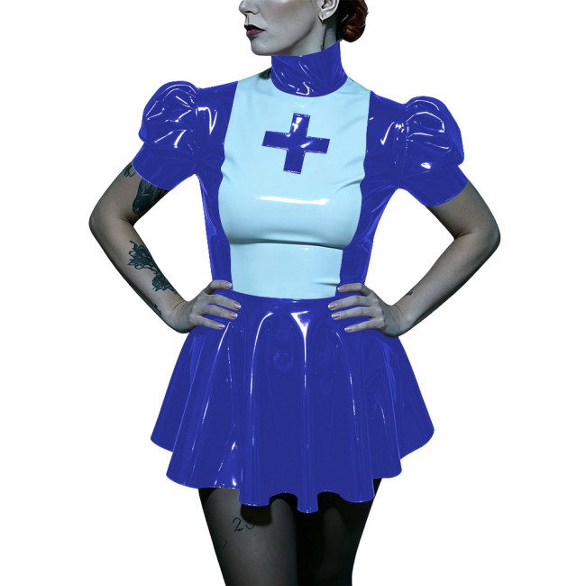 Womens High Neck Naughty Nurse Cosplay Dress Adult Party Role-play Nurse Costume Puff Short Sleeve Patchwork A-line Mini Dresses
