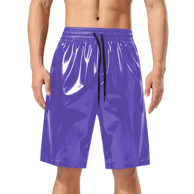 Men's Drawstring Elastic Waist Shiny PVC Leather Shorts Male Wetlook Solid Color Short Pants Club Street Knee-length Trousers